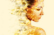 Double exposure portrait of young woman and autumn falling leave