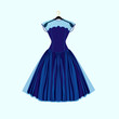 Blue retro style dress. Vector fashion illustration.