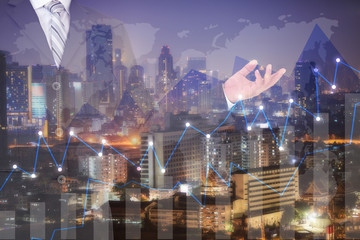 Poster - Double exposure of success businessman with Forex graph and an beautiful night view of the business city centre. A metaphor of international financial consulting.investment concept
