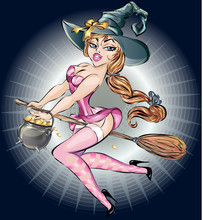 Pin Up Sexy Witch Woman Flying On Broom, Halloween Costume, Vector