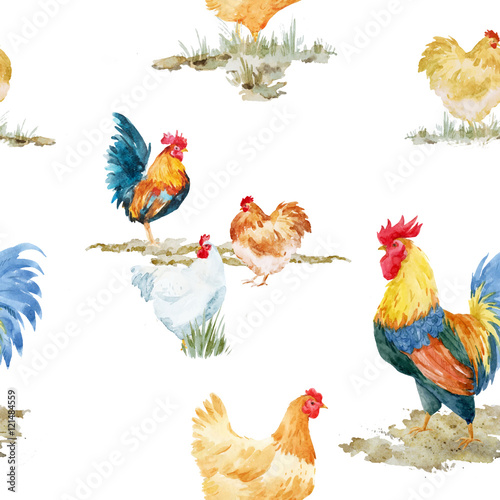 Watercolor cock rooster pattern Stock Vector | Adobe Stock