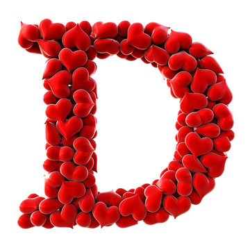 Alphabet made from red hearts. isolated on white. 3D illustration.