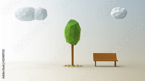 Low Poly Illustration Clouds Tree And A Sitting Bench Buy This Stock Illustration And Explore Similar Illustrations At Adobe Stock Adobe Stock