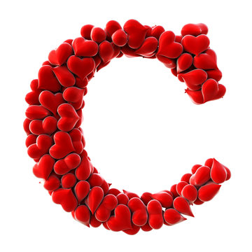 Alphabet made from red hearts. isolated on white. 3D illustration.