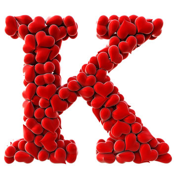 Alphabet made from red hearts. isolated on white. 3D illustration.