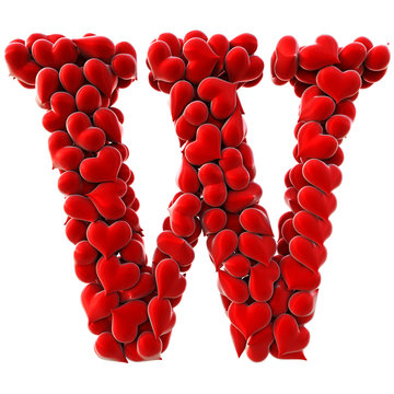Alphabet made from red hearts. isolated on white. 3D illustration.