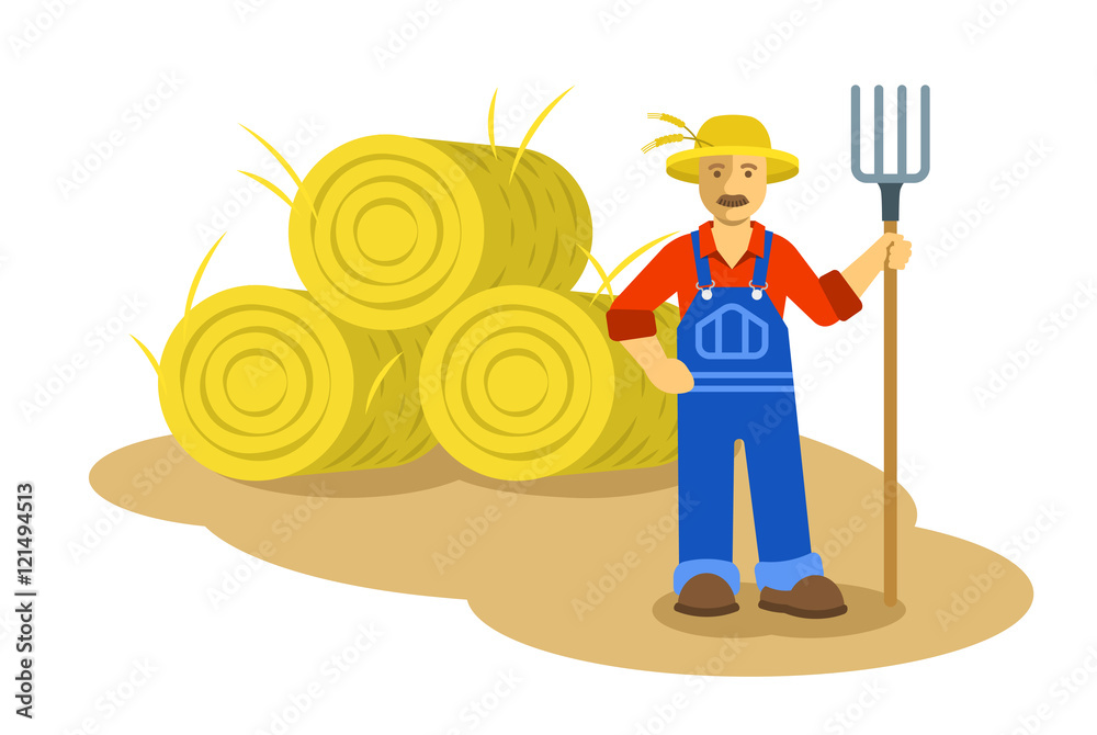 Farmer man standing with pitchfork near group of hay bales. Vector flat ...