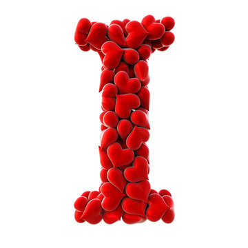 Alphabet made from red hearts. isolated on white. 3D illustration.