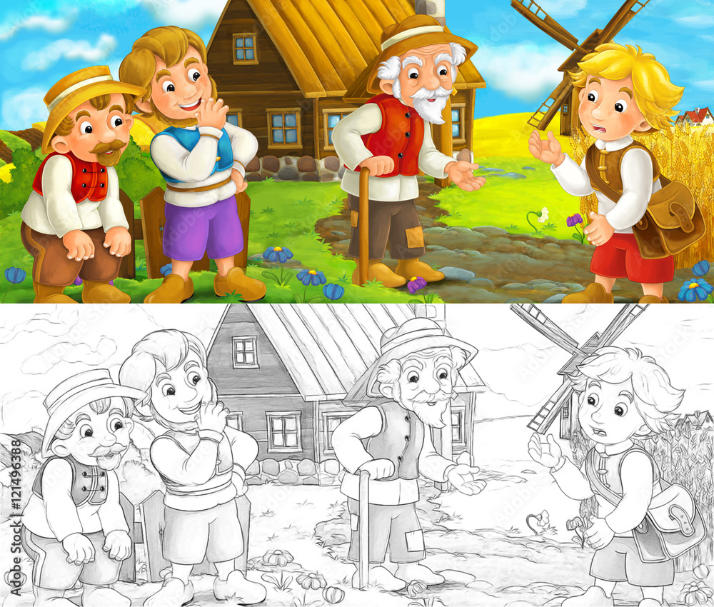 Cartoon scene - group of people talking - life in small village - old  medieval times - illustration for children Stock Illustration | Adobe Stock, image size:1000x850