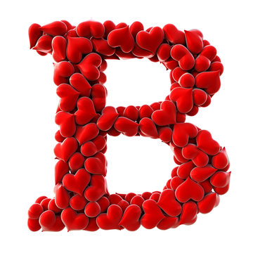 Alphabet made from red hearts. isolated on white. 3D illustration.