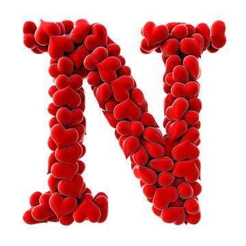Alphabet made from red hearts. isolated on white. 3D illustration.