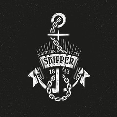 Wall Mural - vintage retro anchor with chain and ribbon grungy style on a black background. marine logo vector il