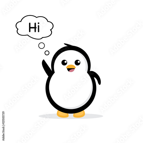 Penguin say hi vector illustration. Penguin with text. Cute cartoon