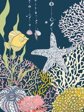Coral Reef Collection. Underwater World. Corals And Fish.