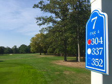 Public Golf Course Hole Number Sign - Display Distance To Green From Tee Box Markers For Player To Judge How Far They Will Need To Drive The Ball Down The Fairway. Decision For Type Of Club To Use.