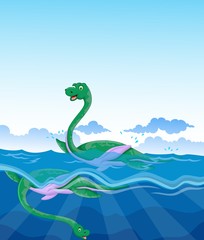 Sticker - funny two dinosaur cartoon swimming in the sea