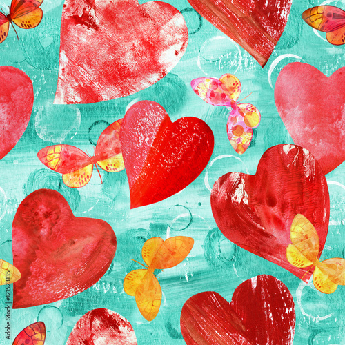 Cotton fabric Seamless pattern with red hearts and watercolor butterflies on t