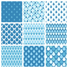 Set Of Blue Vector Water Drops Seamless Patterns