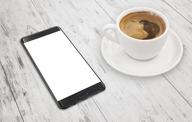 Aufkleber - Modern black smart phone on white wooden table with blank display for mockup. Coffee beside.