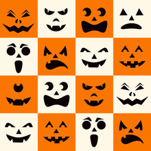 Seamless Pattern With Black Halloween Pumpkins Carved Faces Silhouettes On Checkerboard Background. Vector Illustration