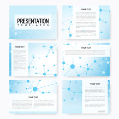 Poster - Set of vector templates for multipurpose presentation slides. Brochure, Leaflet, flyer, cover, magazine or annual report. Modern business, science, medicine design. Abstract background with molecule.