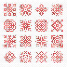 Set Of Cross Stitch Element For Embroidery Design. Decorative Blank For Frames And Patterns. Vector Illustration. Cross-stitch Snowflake, Flower And Geometric Ornament. 