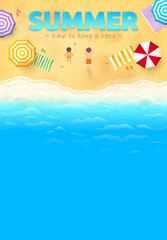 Beach with colorful umbrellas, towels, people and SUMMER sign, vector leaflet template