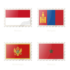 Wall Mural - Postage stamp with the image of Monaco, Mongolia, Montenegro, Morocco flag.