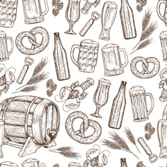 Wall Mural - Seamless pattern of sketch vintage beer icons on a white background. Vector stock illustration.