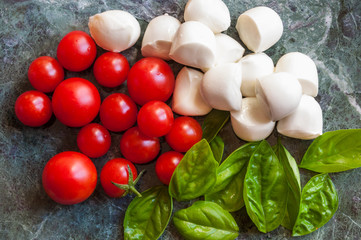 Canvas Print - Ingredients for italian caprese salad with mozzarella, tomatoes and basil