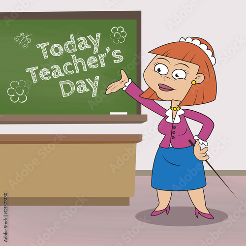 Female Teacher With Pointer Stands Near The Chalkboard Cartoon Buy 