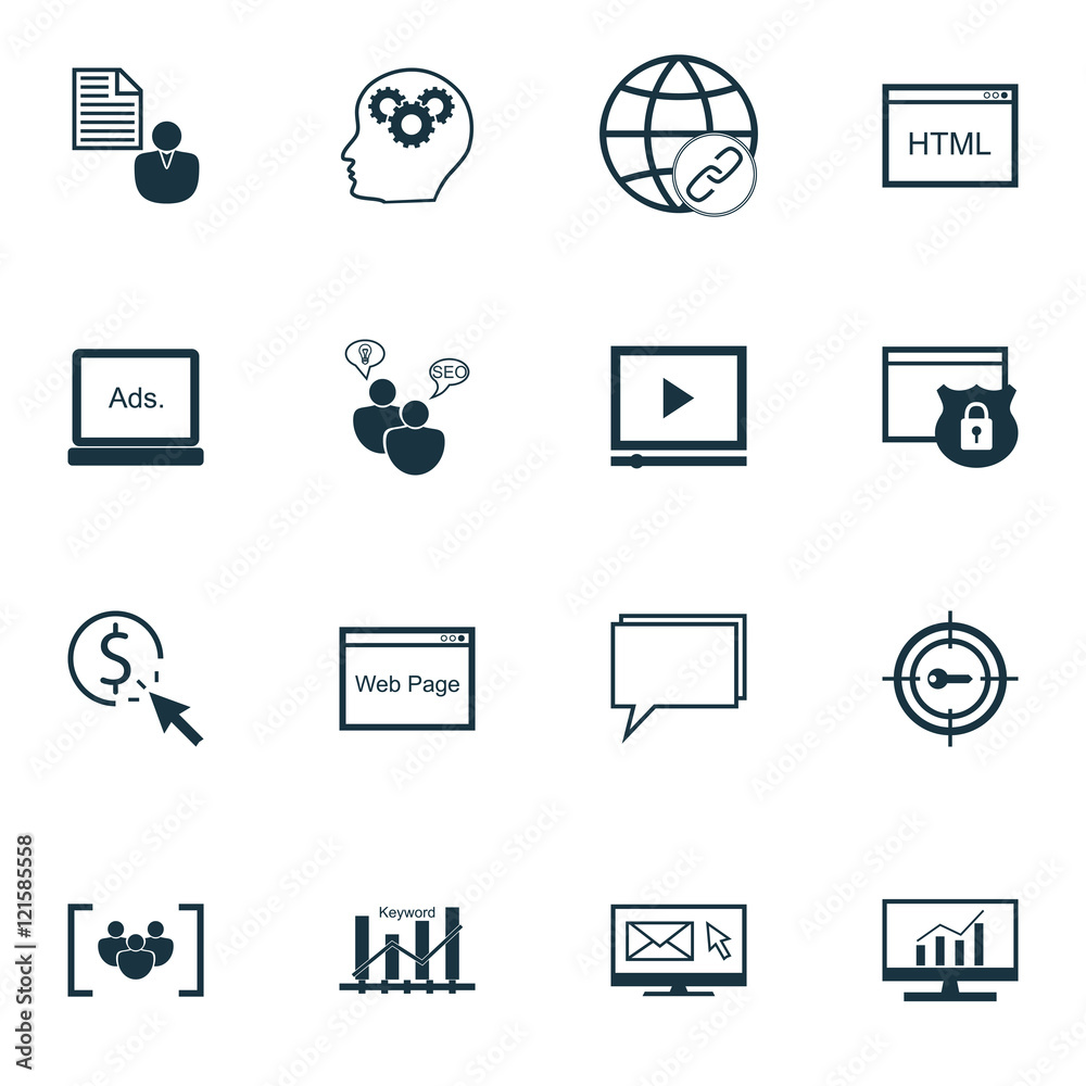 Set Of SEO, Marketing And Advertising Icons On Comprehensive Analytics, Online Consulting, Creativity And More. Premium Quality EPS10 Vector Illustration For Mobile, App, UI Design. - obrazy, fototapety, plakaty 
