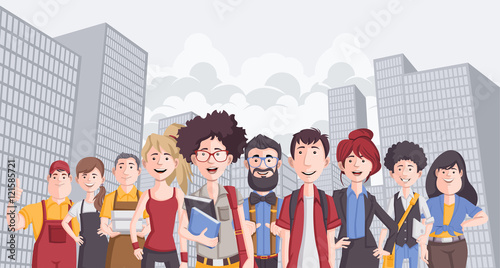 Group of business cartoon young people in the city