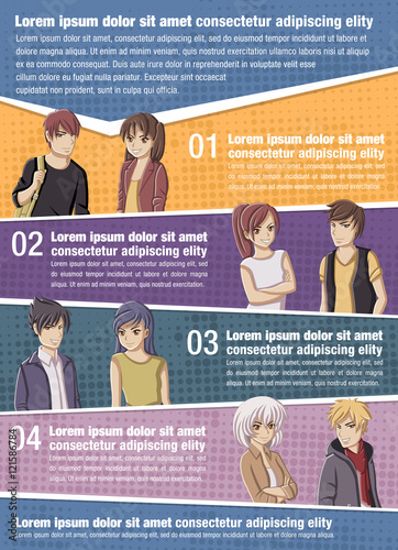 Vector brochure backgrounds with manga anime people. Infographic template des...