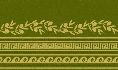 Seamless pattern with olives, wheat, and greek symbols.