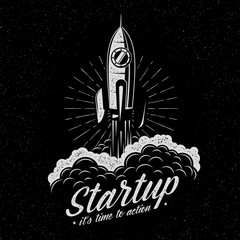 Wall Mural - rocket takes off startup symbol in retro vintage style. launched spaceship logo. textures and backgr