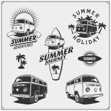 Summer Bus Travel Labels, Emblems And Design Elements. Vintage Style. 