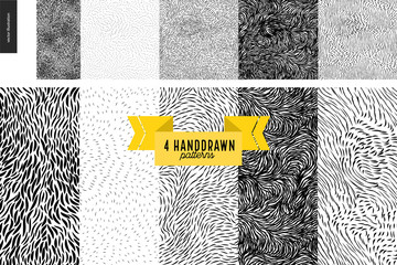 Handdrawn black and white patterns set. Fur or leaves seamless black and white patterns