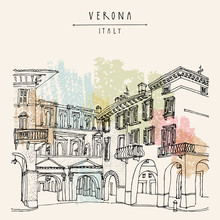 Verona, Italy. Hand Drawn Vintage Postcard