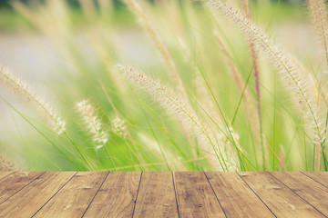 Wall Mural - wood floor with grass flower background.