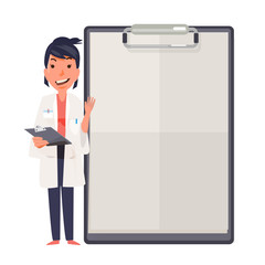 Happy doctor character design showing blank clipboard sign for p