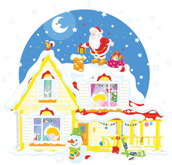  The night before Christmas, Santa Claus on the snow covered housetop with his holiday gifts for little children