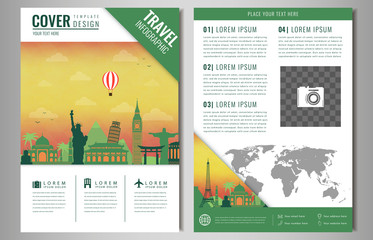 Travel brochure design with famous landmarks and world map. Template for Travel and Tourism Business concept. Vector