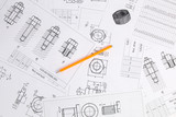 Fototapeta Mapy - Pencil on background of engineering drawings. Science, mechanics and mechanical engineering