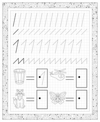 Black and white worksheet on a square paper with exercises for little children. Page with number one. Developing skills for writing and counting. Vector image.