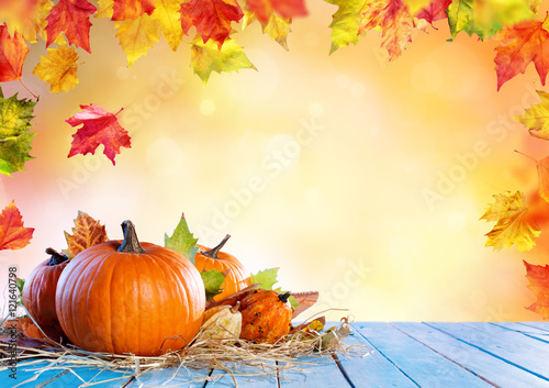 Thanksgiving Background - Pumpkins On Wooden Plank And Falling Leaves
