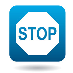 Wall Mural - Stop sign icon in simple style in blue square. Rules of the road symbol