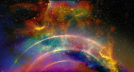 Poster - Cosmic space and stars with light circle, color cosmic abstract background.