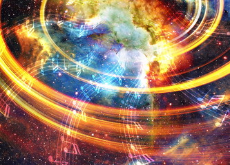 Poster - music note and Space and stars with abstrtact color background.