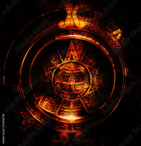 Fotografía Ancient Mayan Calendar, abstract color Background, computer collage